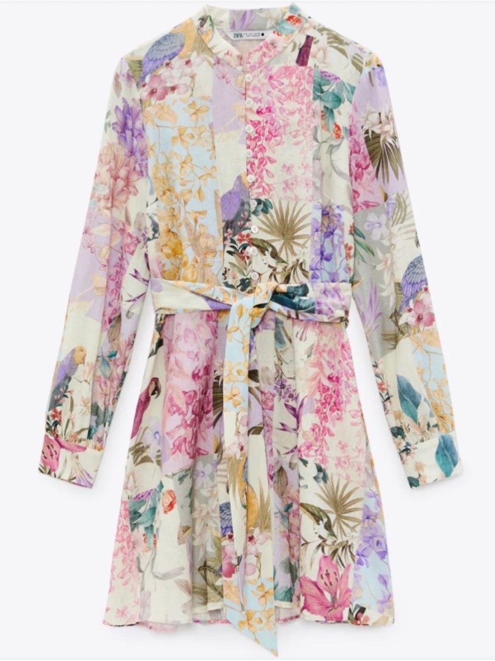 Zara Floral Belted Shirt Dress in Pastel Multi